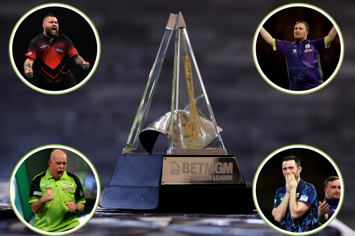 Premier League Darts trophy with Luke Littler, Michael van Gerwen, Michael Smith and Luke Humphries.